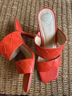 Vince Camuto Coral-Orange Woven Double-Band Heeled Sandals